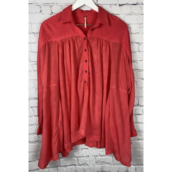 FREE PEOPLE Womens' Dark Coral Button Henley Tunic Top Pockets Oversized Small - Picture 1 of 9